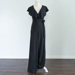Lulus Womens Black Ruffle V Neck Wide Leg Jumpsuit Size Small